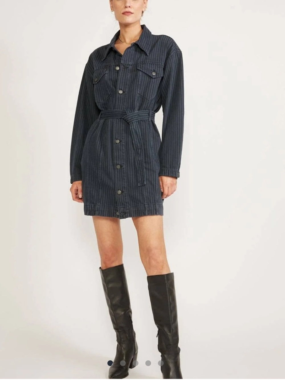 ÉTICA Joelle Jacket Denim Shirt Dress in Navy Blue Night Stripe Medium Belted